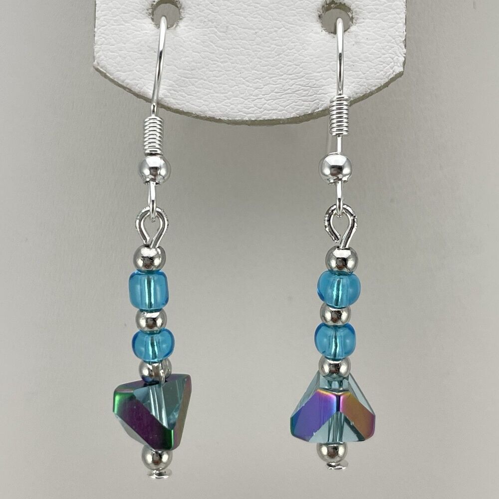Dainty Artisan Handmade Blue AB Glass Beaded Earrings Dangle Silver Tone 1.5"